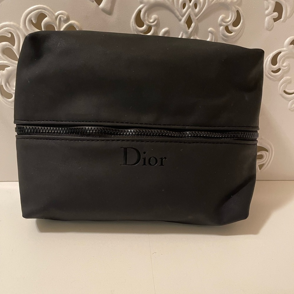 Christian Dior Beauty Cosmetic Makeup Black Dual Pouch Zip Bag Travel